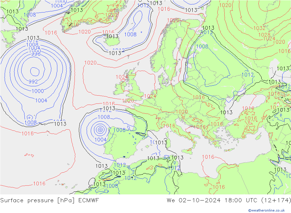 Surface pressure ECMWF We 02.10.2024 18 UTC