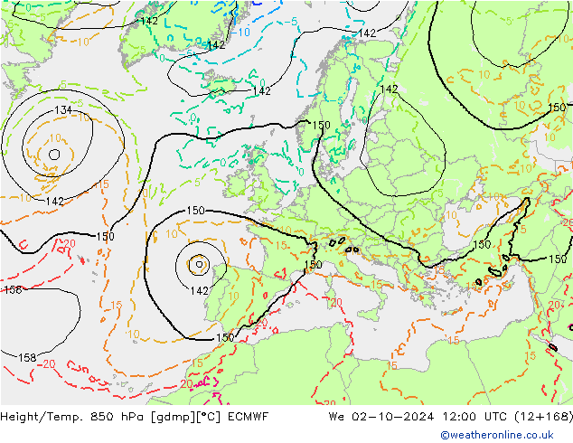 Z500/Rain (+SLP)/Z850 ECMWF Qua 02.10.2024 12 UTC