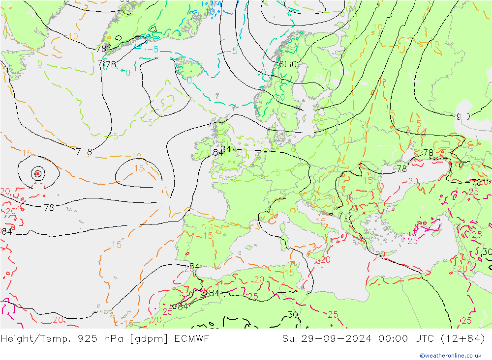 Height/Temp. 925 hPa ECMWF Ne 29.09.2024 00 UTC