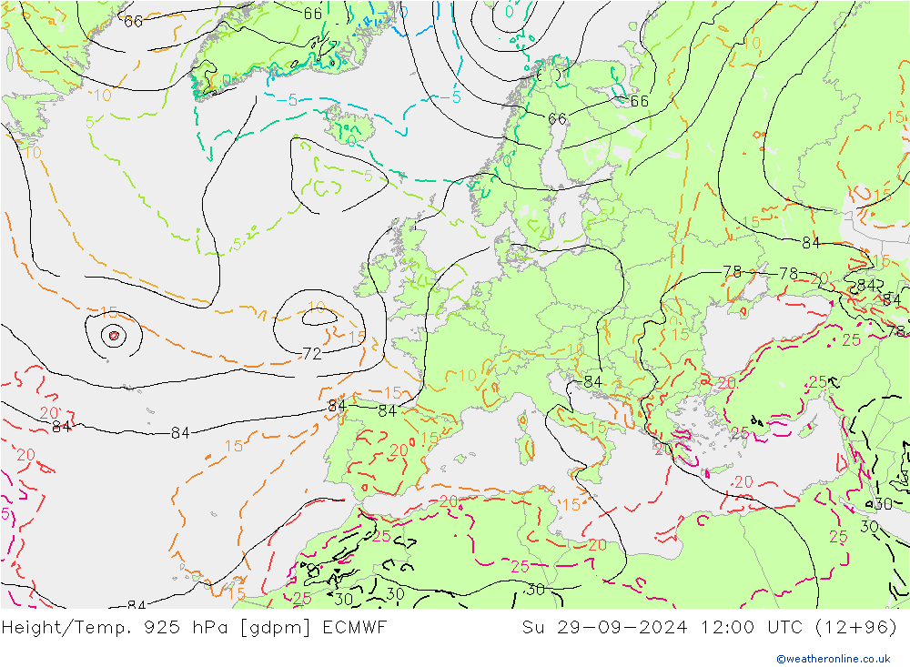 Height/Temp. 925 hPa ECMWF Su 29.09.2024 12 UTC