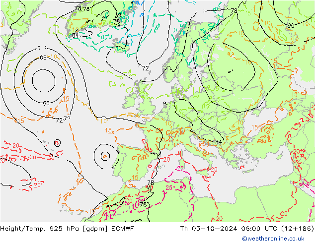 Height/Temp. 925 hPa ECMWF Do 03.10.2024 06 UTC