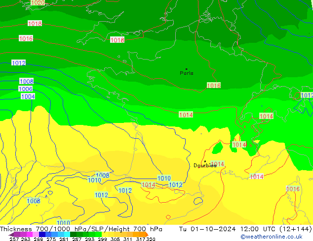 Thck 700-1000 hPa ECMWF wto. 01.10.2024 12 UTC