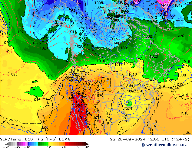 SLP/Temp. 850 hPa ECMWF za 28.09.2024 12 UTC