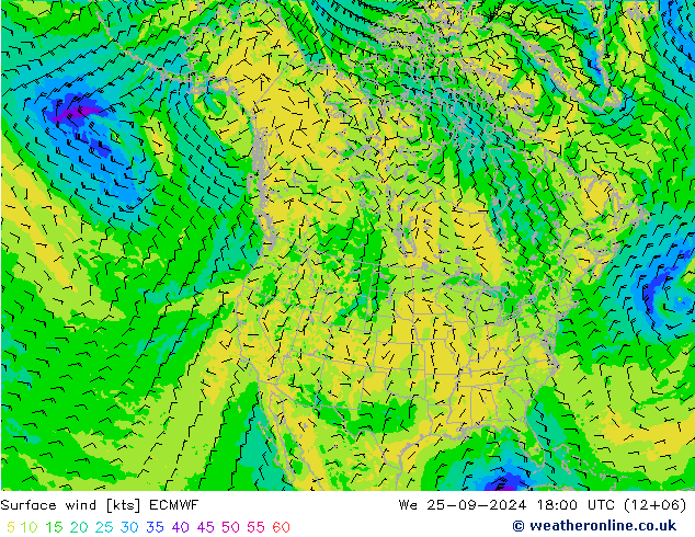 wiatr 10 m ECMWF śro. 25.09.2024 18 UTC