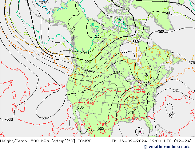 Z500/Rain (+SLP)/Z850 ECMWF Čt 26.09.2024 12 UTC