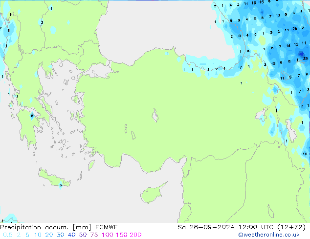 Precipitation accum. ECMWF so. 28.09.2024 12 UTC