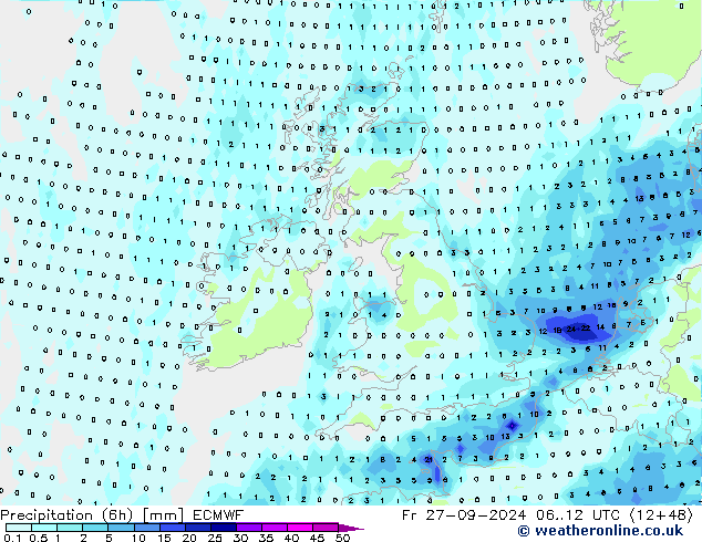 Precipitation (6h) ECMWF Fr 27.09.2024 12 UTC