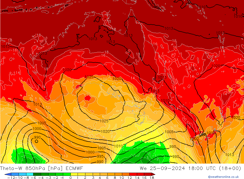 Theta-W 850hPa ECMWF  25.09.2024 18 UTC