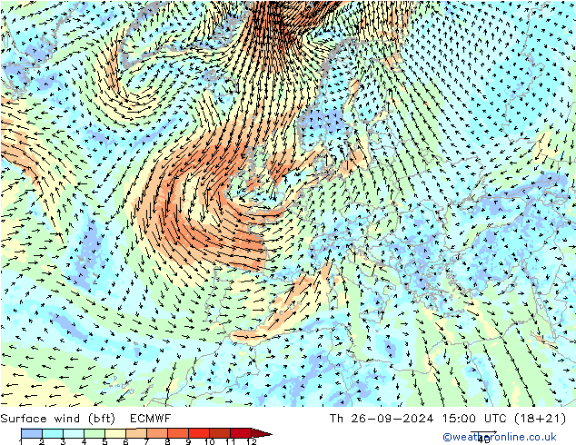 Wind 10 m (bft) ECMWF do 26.09.2024 15 UTC