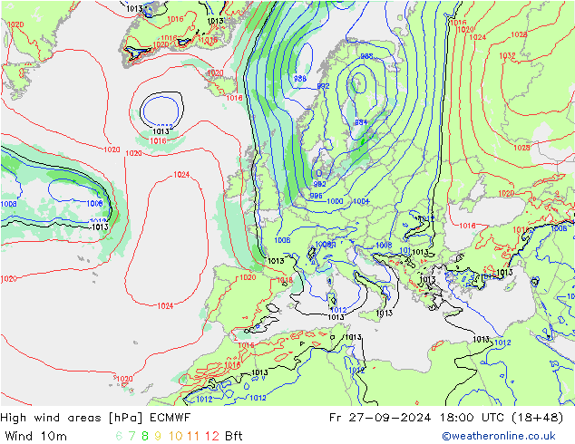 High wind areas ECMWF Pá 27.09.2024 18 UTC