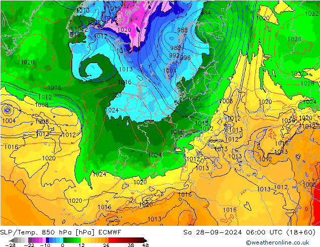 SLP/Temp. 850 hPa ECMWF Sáb 28.09.2024 06 UTC