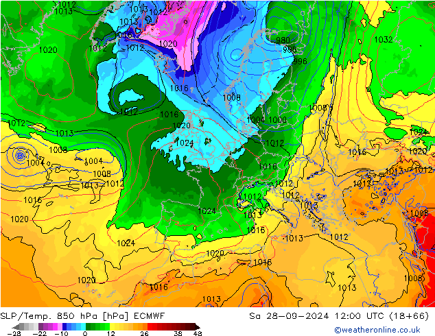 SLP/Temp. 850 hPa ECMWF  28.09.2024 12 UTC