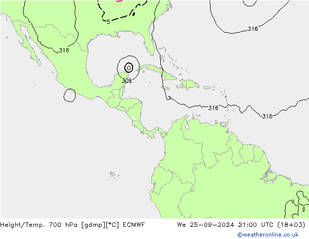 Height/Temp. 700 hPa ECMWF mer 25.09.2024 21 UTC