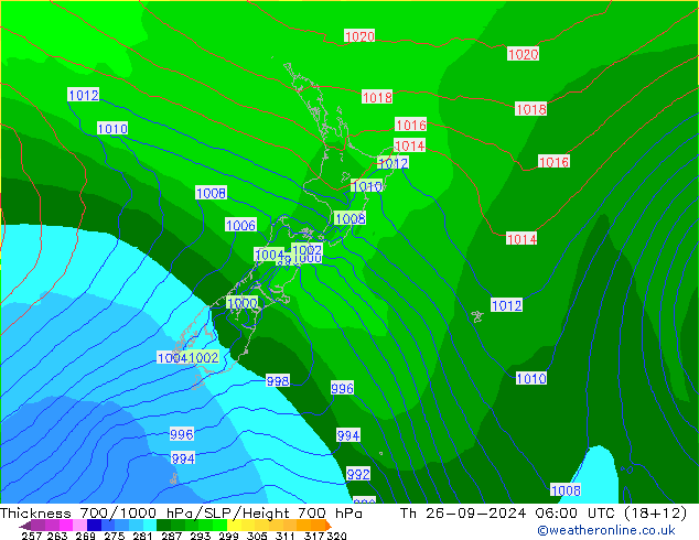 Espesor 700-1000 hPa ECMWF jue 26.09.2024 06 UTC