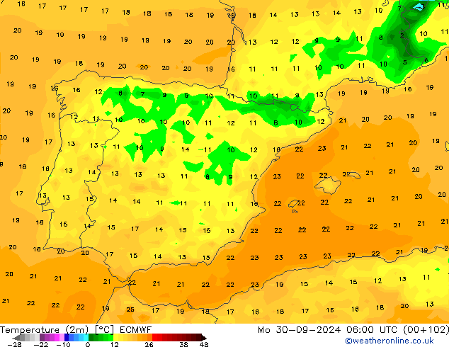 mapa temperatury (2m) ECMWF pon. 30.09.2024 06 UTC