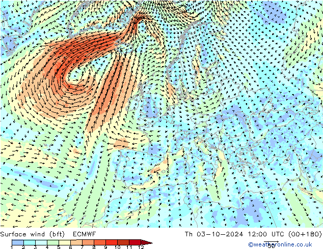 Surface wind (bft) ECMWF Th 03.10.2024 12 UTC