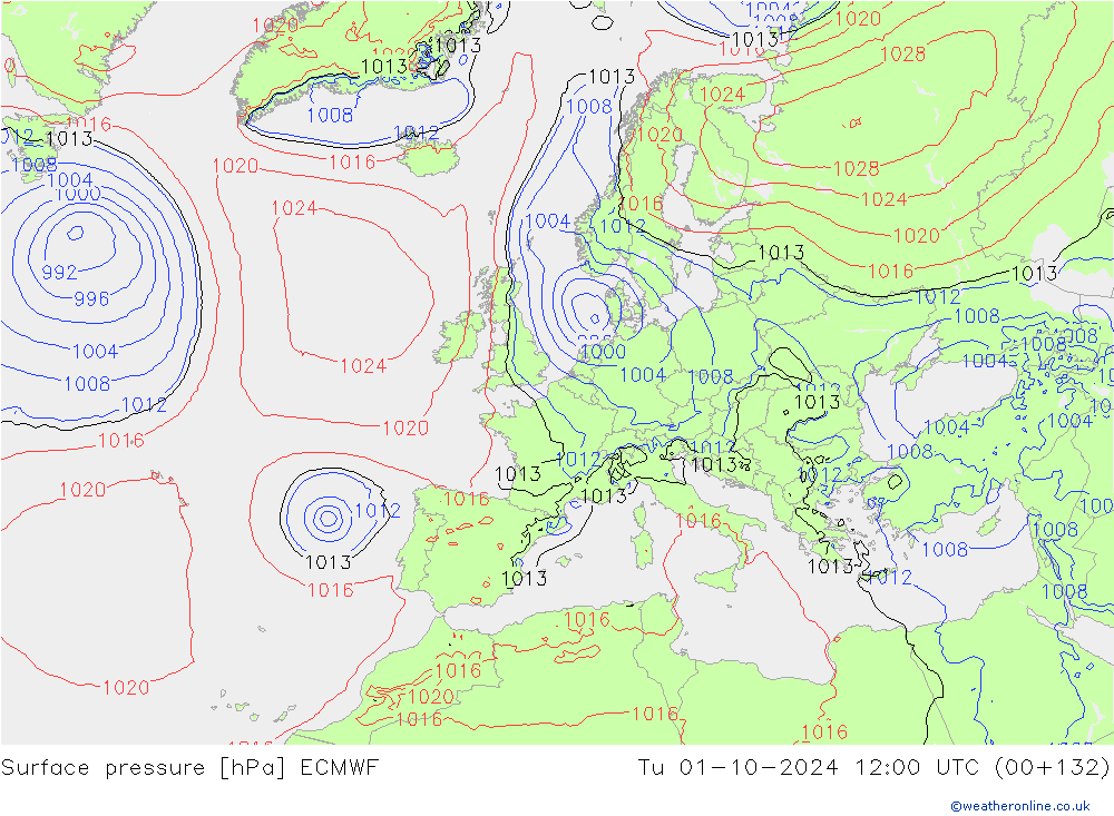 Surface pressure ECMWF Tu 01.10.2024 12 UTC