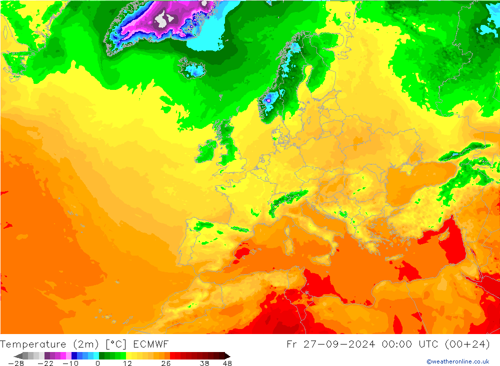 Temperature (2m) ECMWF Fr 27.09.2024 00 UTC