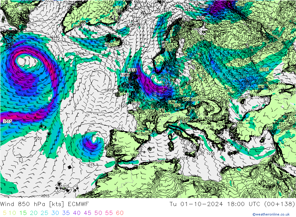 Vento 850 hPa ECMWF mar 01.10.2024 18 UTC