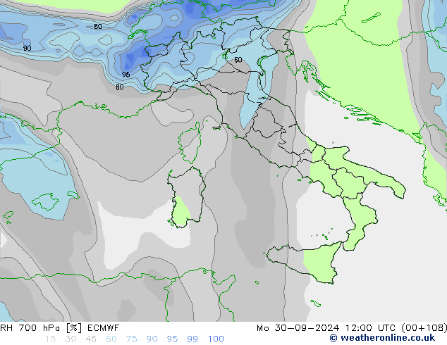 RH 700 hPa ECMWF Mo 30.09.2024 12 UTC