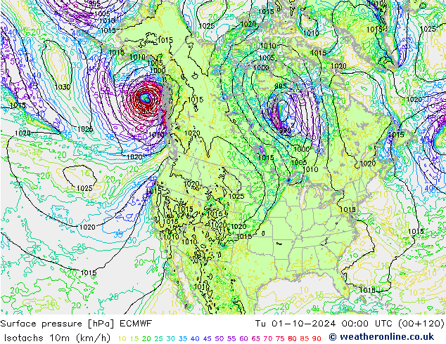 Isotachs (kph) ECMWF Tu 01.10.2024 00 UTC