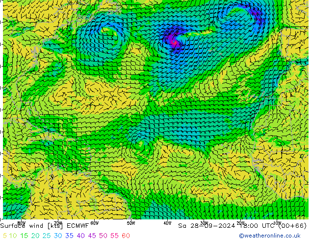 Vent 10 m ECMWF sam 28.09.2024 18 UTC