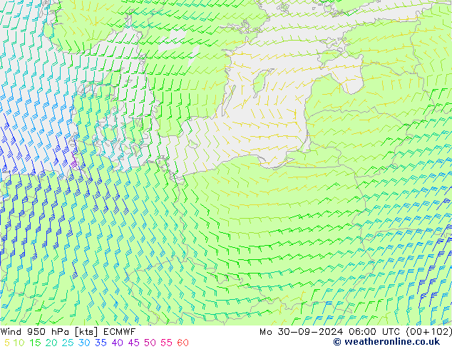 Wind 950 hPa ECMWF Mo 30.09.2024 06 UTC