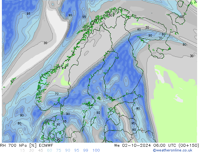 RH 700 hPa ECMWF mer 02.10.2024 06 UTC