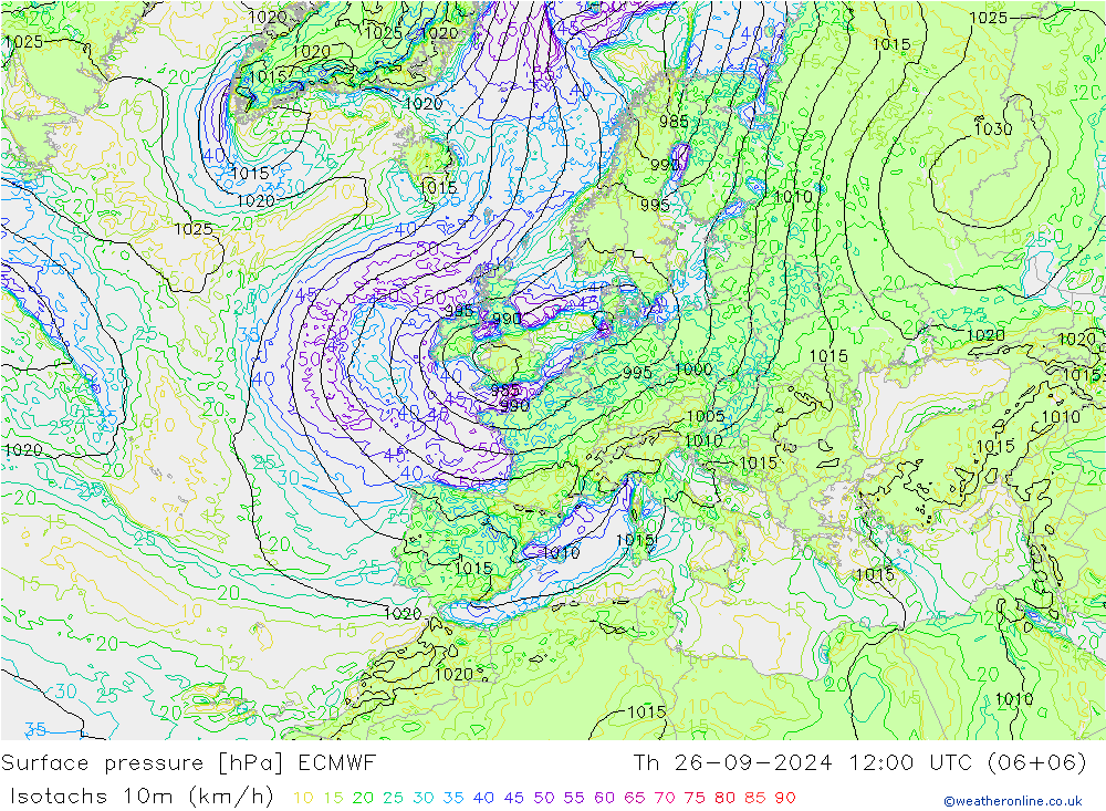 Isotachs (kph) ECMWF Th 26.09.2024 12 UTC