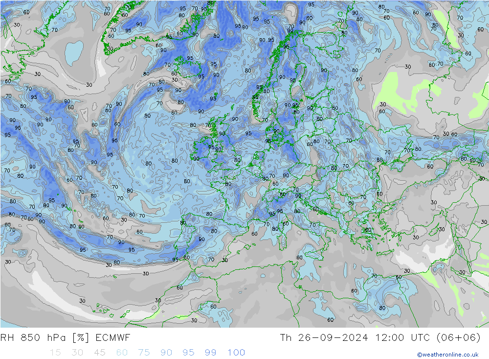 RH 850 гПа ECMWF чт 26.09.2024 12 UTC