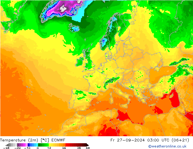 Temperature (2m) ECMWF Pá 27.09.2024 03 UTC