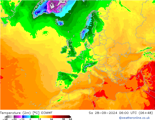 mapa temperatury (2m) ECMWF so. 28.09.2024 06 UTC