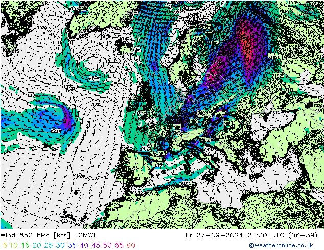 Wind 850 hPa ECMWF Fr 27.09.2024 21 UTC