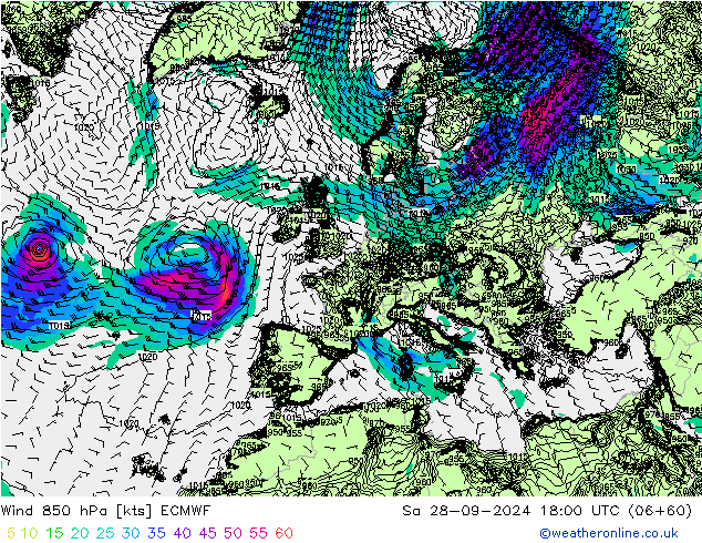 Vent 850 hPa ECMWF sam 28.09.2024 18 UTC