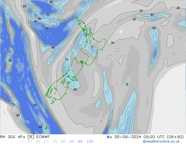 RH 300 hPa ECMWF Mo 30.09.2024 00 UTC