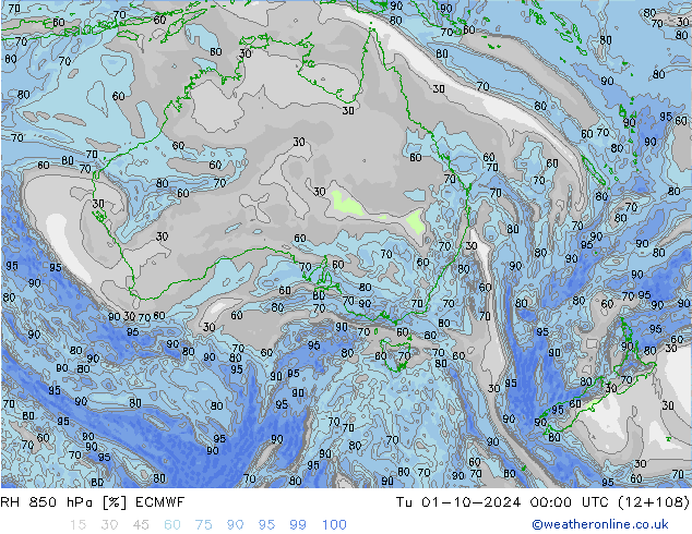 RH 850 hPa ECMWF Tu 01.10.2024 00 UTC