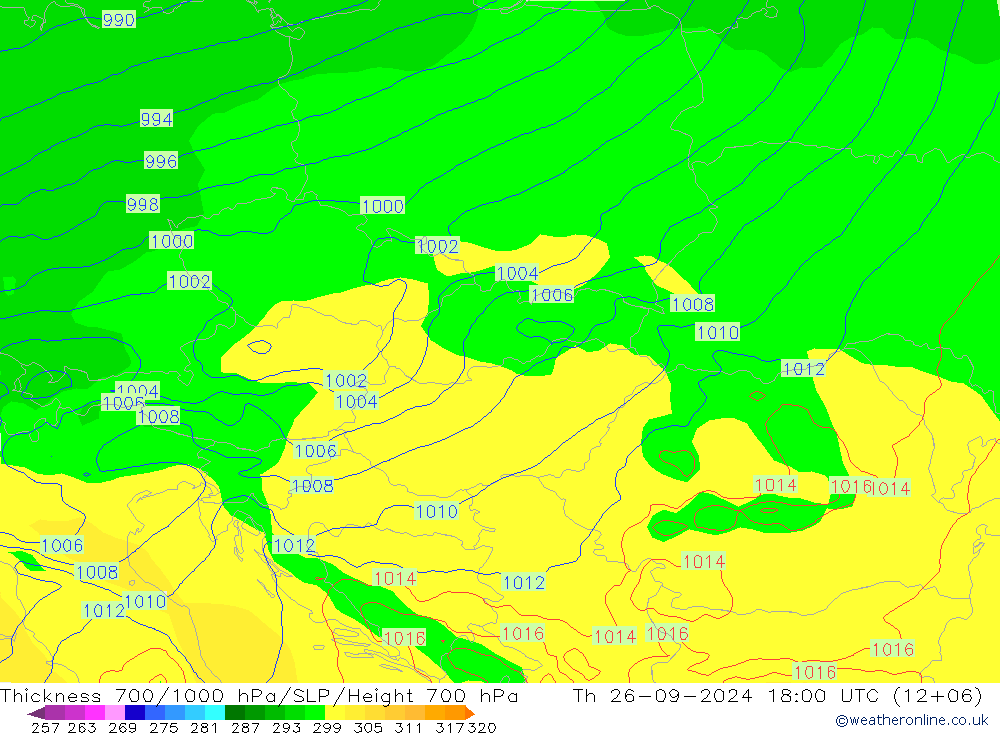 Thck 700-1000 hPa ECMWF czw. 26.09.2024 18 UTC