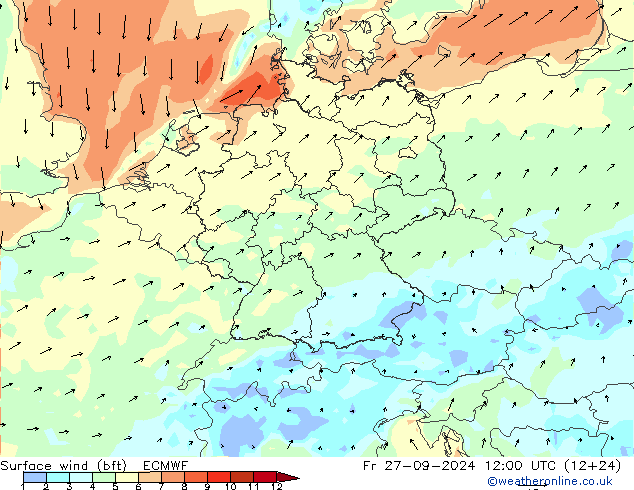 Surface wind (bft) ECMWF Fr 27.09.2024 12 UTC