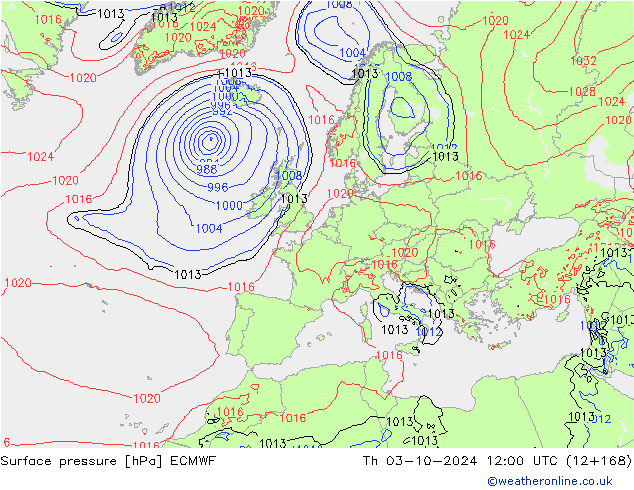 Presión superficial ECMWF jue 03.10.2024 12 UTC