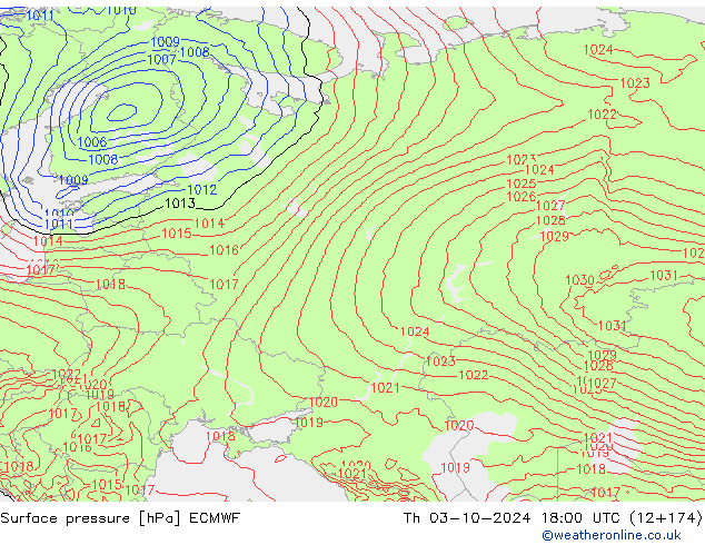 Surface pressure ECMWF Th 03.10.2024 18 UTC