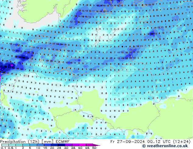 осадки (12h) ECMWF пт 27.09.2024 12 UTC