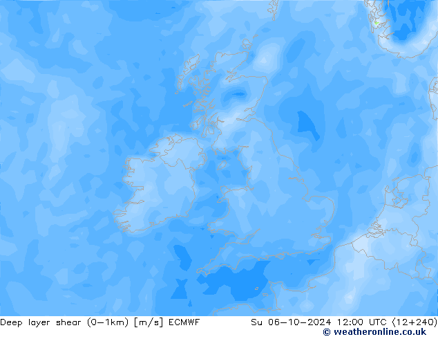 Deep layer shear (0-1km) ECMWF Paz 06.10.2024 12 UTC