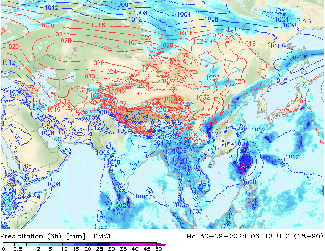 Totale neerslag (6h) ECMWF ma 30.09.2024 12 UTC