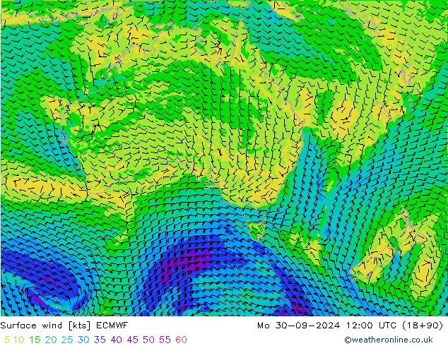 wiatr 10 m ECMWF pon. 30.09.2024 12 UTC