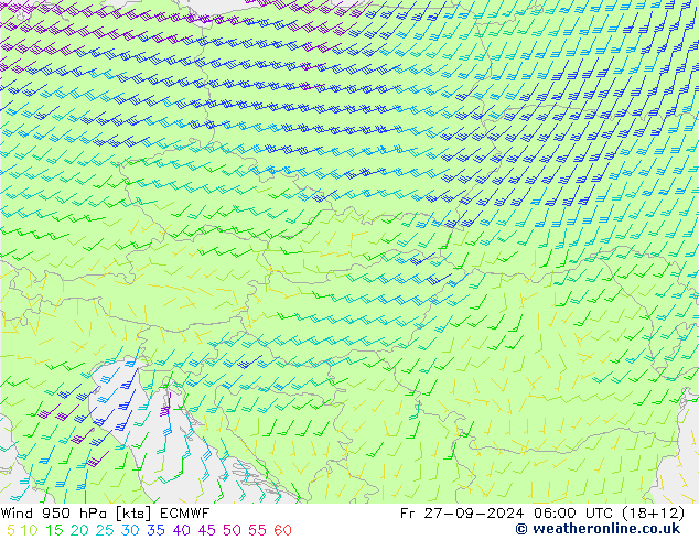 Rüzgar 950 hPa ECMWF Cu 27.09.2024 06 UTC