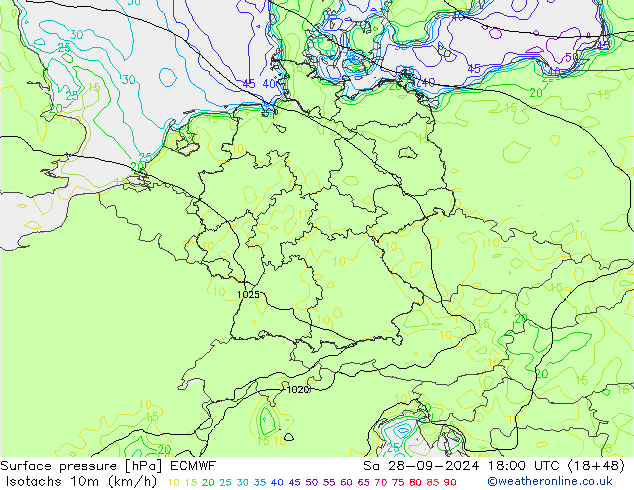 Isotachs (kph) ECMWF sab 28.09.2024 18 UTC