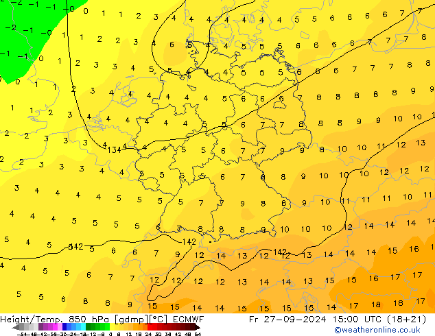 Height/Temp. 850 hPa ECMWF Fr 27.09.2024 15 UTC