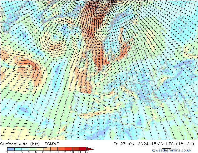 Surface wind (bft) ECMWF Pá 27.09.2024 15 UTC