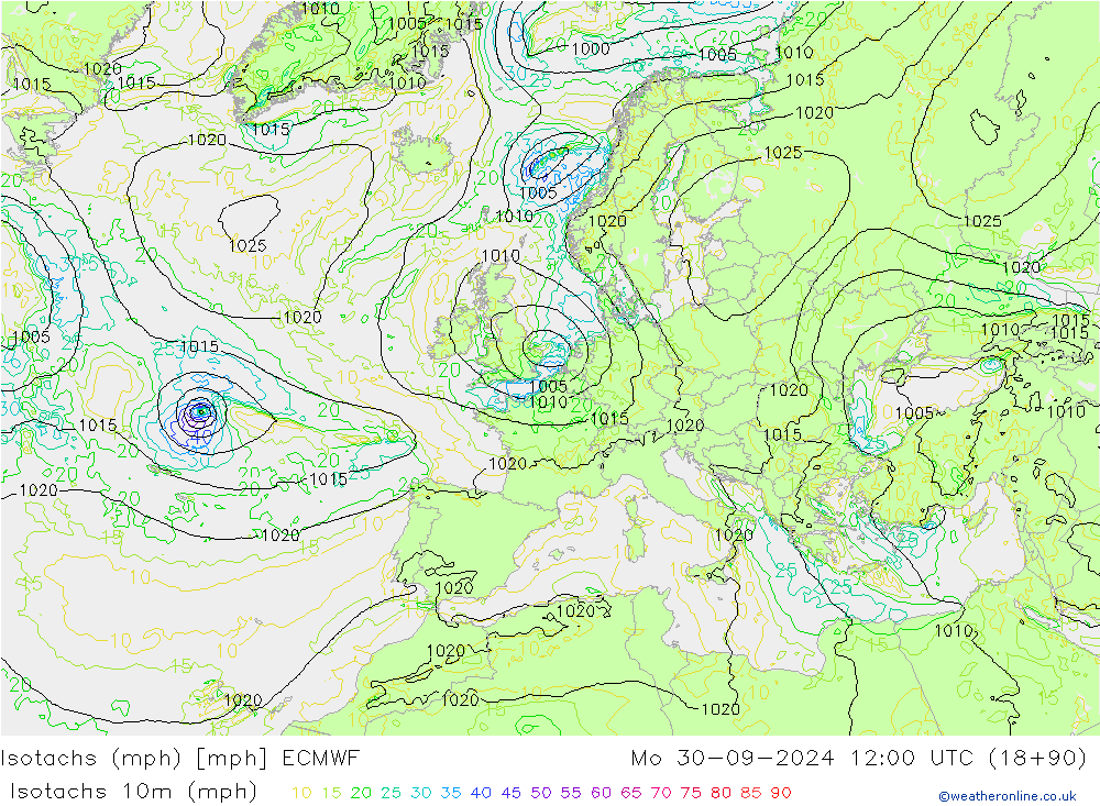 Eşrüzgar Hızları mph ECMWF Pzt 30.09.2024 12 UTC