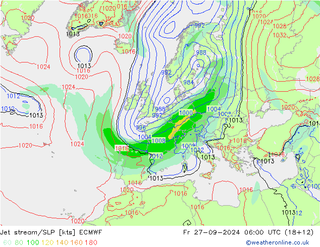 Jet stream/SLP ECMWF Fr 27.09.2024 06 UTC